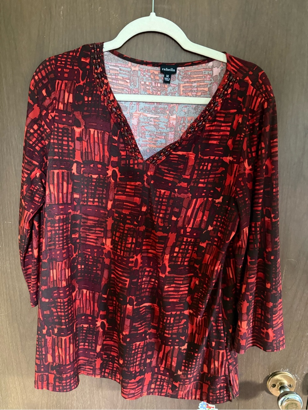 Rafaella Red and Black Printed V-Neck Long Sleeve Top